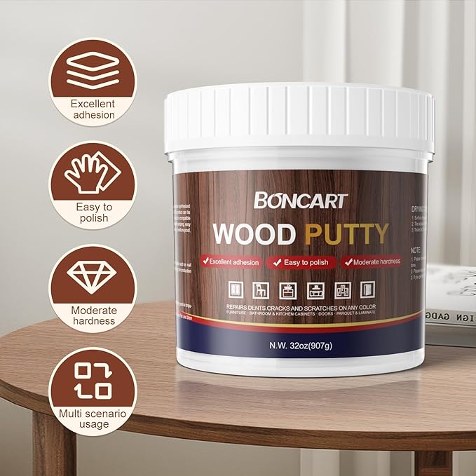 Boncart 32oz Wood Filler Putty - White, Paintable Furniture Repair Kit for Quickly Fixing Broken and Defective Wooden Furniture, MQNZ-08