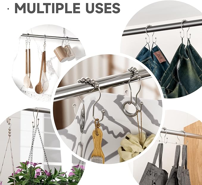 Shower Curtain Hooks Brushed Nickel Shower Curtain Rings Rust Proof, Bathway Balanced Smooth Glide Double Shower Curtain Hooks, Sturdy Shower Hooks for Shower Curtain 12 Pcs Shower Rod Hooks