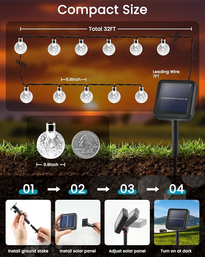 LORRYTE White 2-Pack 100 LED 64FT Crystal Globe Solar Lights Outdoor, Waterproof Solar String Lights Outdoor Decorative with 8 Lighting Modes for Patio Decorations Garden Wedding Party Tree Porch