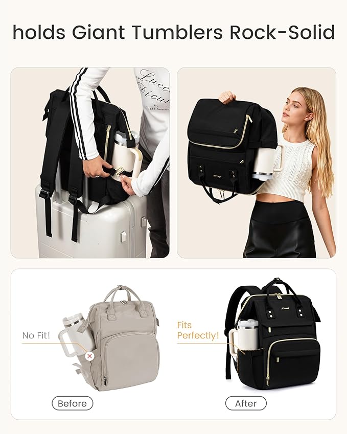 LOVEVOOK Laptop Backpack for Women with Giant Tumbler Holder Pocket,17 inch Waterproof Travel Backpack Purse Computer Laptop Bag,Professional Work College Nurse Teacher Backpack Casual Daypack,Black