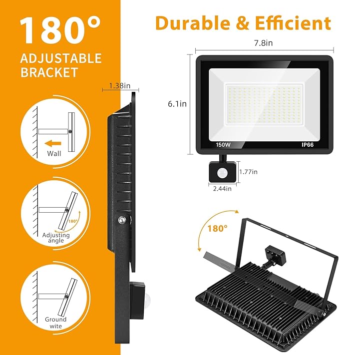 YANYCN 2 Pack 150W LED Motion Sensor Flood Light, 5000K Daylight, IP66 Waterproof, 17000 Lumens, Outdoor Security Dusk to Dawn Light for Garage, Front Porch, Barn