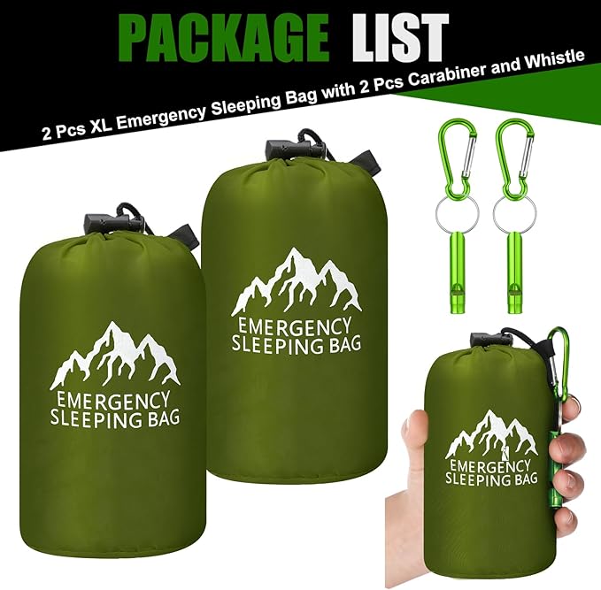 Oudain 2 Pcs XL Emergency Sleeping Bag 94.5" x 49.2" Waterproof Survival Sleeping Bag with Whistle Carabiner Portable Thermal Bivy Sack Emergency Blankets for Camping Hiking Outdoor