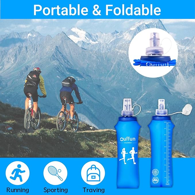 2 Pack Soft Water Bottle, TPU Collapsible Flask Foldable Bottles for Hydration Pack, BPA-Free, Running Lightweight Water Bottle for Outdoor Sports like Hiking Cycling Climbing Running (17OZ/500ml)