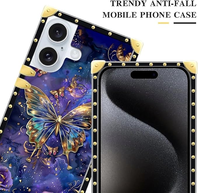 Compatible with iPhone 16 Plus Case, Glistening Golden Butterfly Vibrant Purple Blue Luxury Golden Decoration for Girl Women Soft TPU Shockproof Protective Hard PC Back