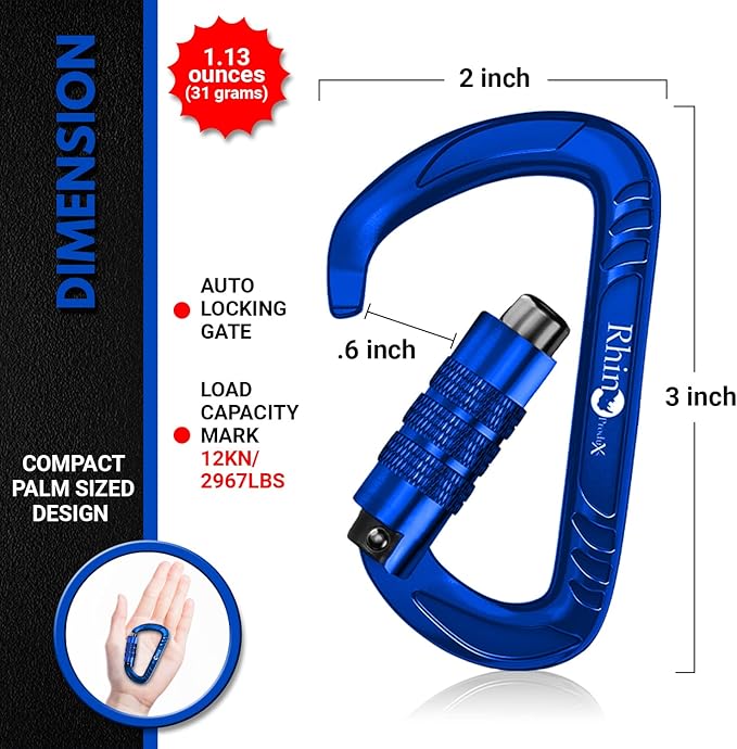 Rhino Produxs 12kN (2697 lbs) Heavy Duty Carabiner Clips, for Securing Pets, Outdoor, Camping, Hiking, Hammock, Dog Leash Harness, Keychains