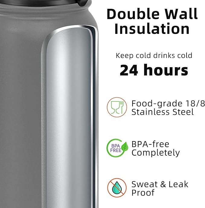 Fanhaw 32 oz Insulated Stainless Steel Water Bottle with Straw Lid, Leakproof Sports Bottle for Men, Women & Teens (Gray)