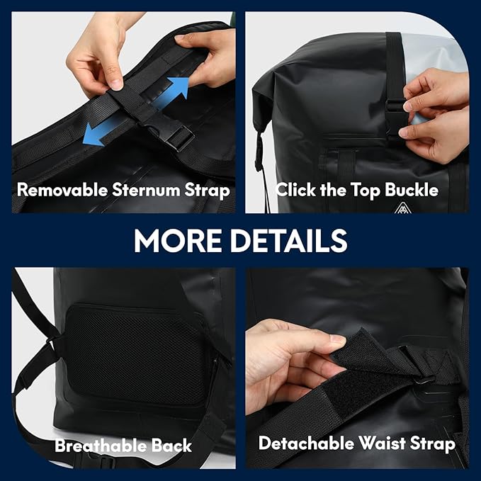 Haimont 100L Waterproof Backpack Large Roll Top Dry Backpacks Marine Dry Bags with Air Valve Travel Surfing Black/Grey