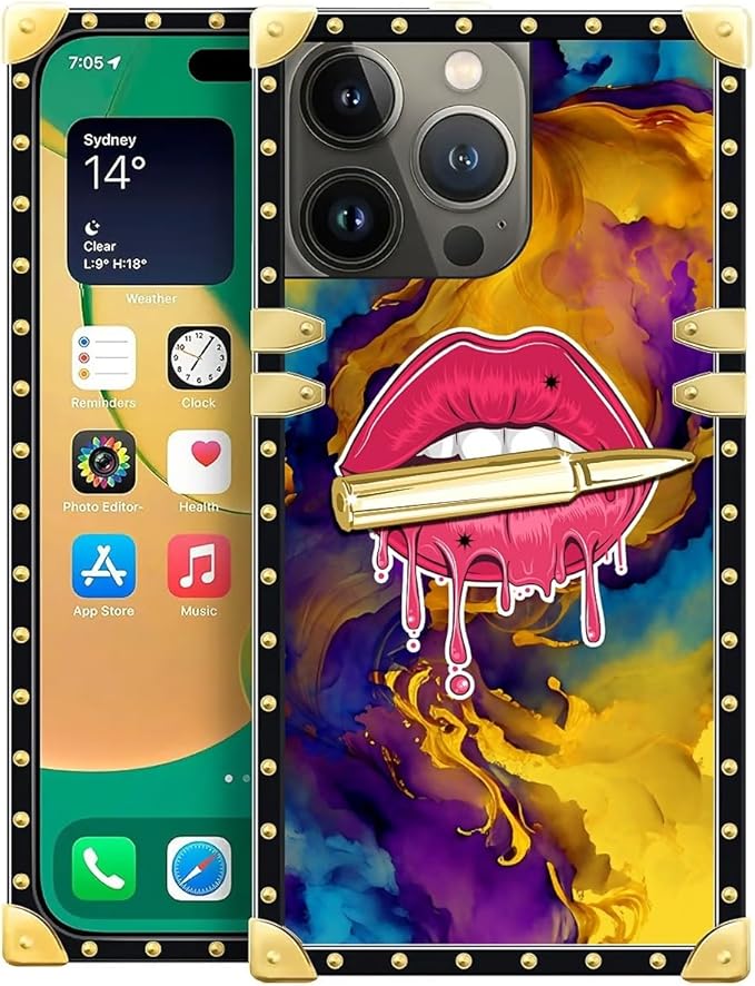 Compatible with iPhone 14 Pro Max Case, Cool Corlorful Lip Marble Luxury Golden Decoration for Girl Women Soft TPU Shockproof Protective Hard PC Back for iPhone 14 Pro Max