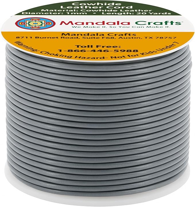 Mandala Crafts Round Cowhide Genuine Gray Leather Cord for Jewelry Making Kumihimo Leather Rope Spool - Gray String Lace - 20 Yds 1mm Cording