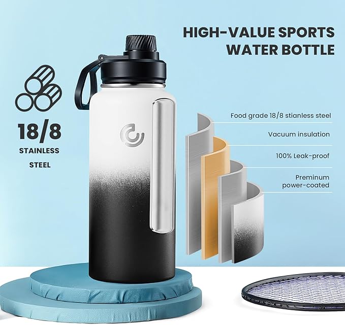 Sports Water Bottle 32oz, Insulated Water Bottle with Handle,Stainless Steel,Simple Modern,Suitable for Travel, School, Boy, Girl(Day & Night)