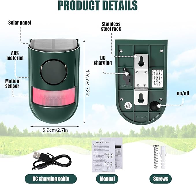 Qualirey Solar Sound and Light Alarm Motion Sensor 129db Outdoor Security Siren Waterproof Activated Detector Driveway Alarm 6 LEDs Flash Warning Deterrent Strobe System for Home, Farm(Green,2 Pack)