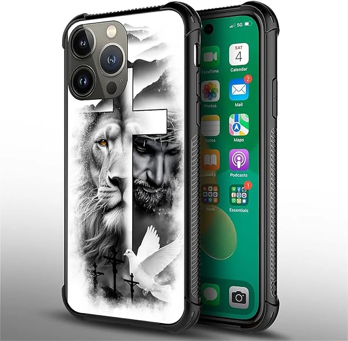 for iPhone 13 Pro Case, Lion Cross Jesus Christ Dove Pattern Graphic Design Girl Boy Soft Silicone Hard Acrylic Shock Protection for iPhone 13 Pro