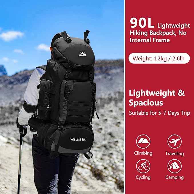 90L Hiking Backpack, Waterproof Camping Bag with Rain Cover, Lightweight Backpacking Back Pack