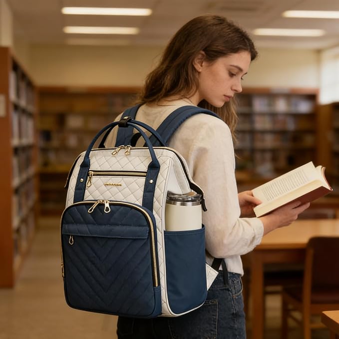 KROSER Laptop Backpack 17" Stylish Backpack Water Repellent College Casual Daypack Travel Business Work Bag for Men/Women-Beige/Haze Blue