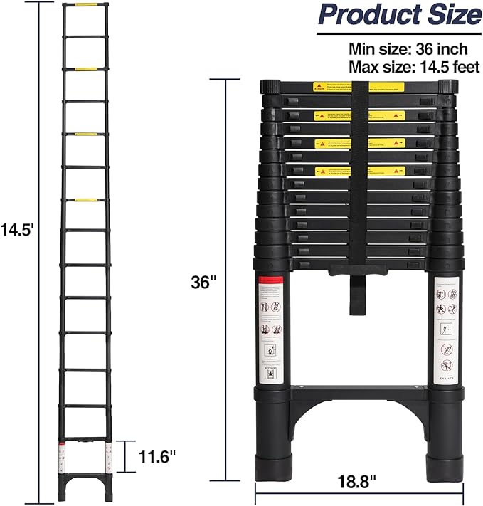 BOCOM 14.5 FT Aluminum Telescoping Ladder, Lightweight Multi-Purpose Collapsible Extension with 2 Triangle Stabilizers, Heavy Duty 330 lbs Max Capacity, Ideal for Home, RV, and Outdoor Work Black