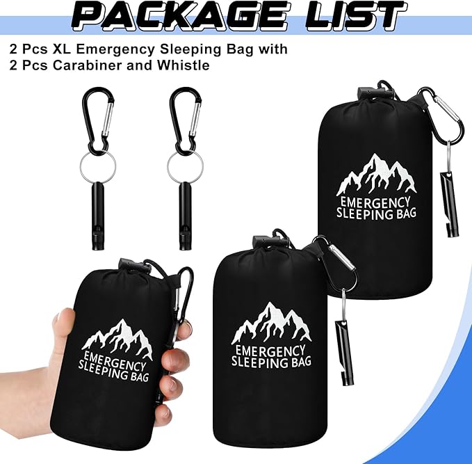 Oudain 2 Pcs XL Emergency Sleeping Bag 94.5" x 49.2" Waterproof Survival Sleeping Bag with Whistle Carabiner Portable Thermal Bivy Sack Emergency Blankets for Camping Hiking Outdoor