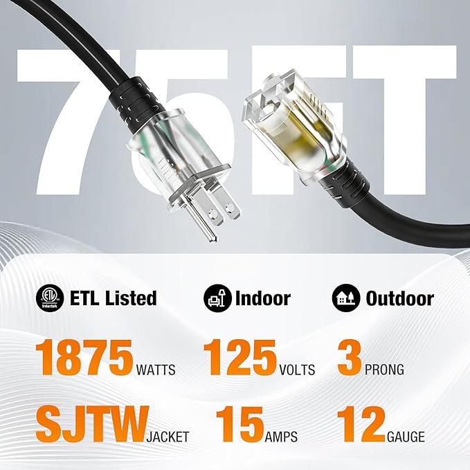 Outdoor Extension Cord 75 FT Waterproof, 12/3 Gauge Heavy Duty 3 Prong Power Cord with Lighted Indicator End, 15A 125V 1875W SJTW, ETL Listed, Great for Lawn/Garden/Home(Black)