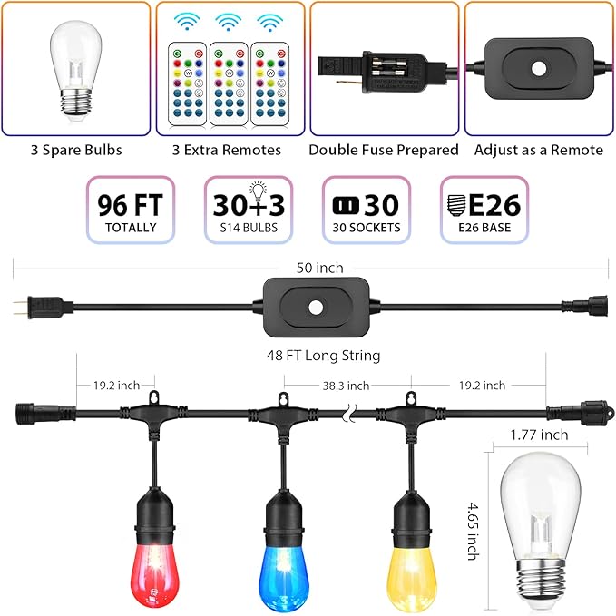 Larkvue 96FT(2X48FT) RGBW Outdoor String Lights with Remote, Patio Lights with 30+3 Vintage S14 Dimmable Waterproof Bulbs for Xmas Bistro Cafe Outside