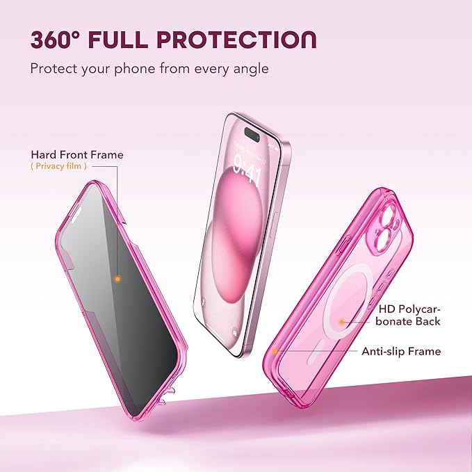 TIESZEN for iPhone 15 Plus Case, Compatible with MagSafe, Built-in Privacy Screen Protector and Camera Protection, Anti Spy Full Body Dustproof Shockproof Hard Phone Case 6.7", Bright Pink