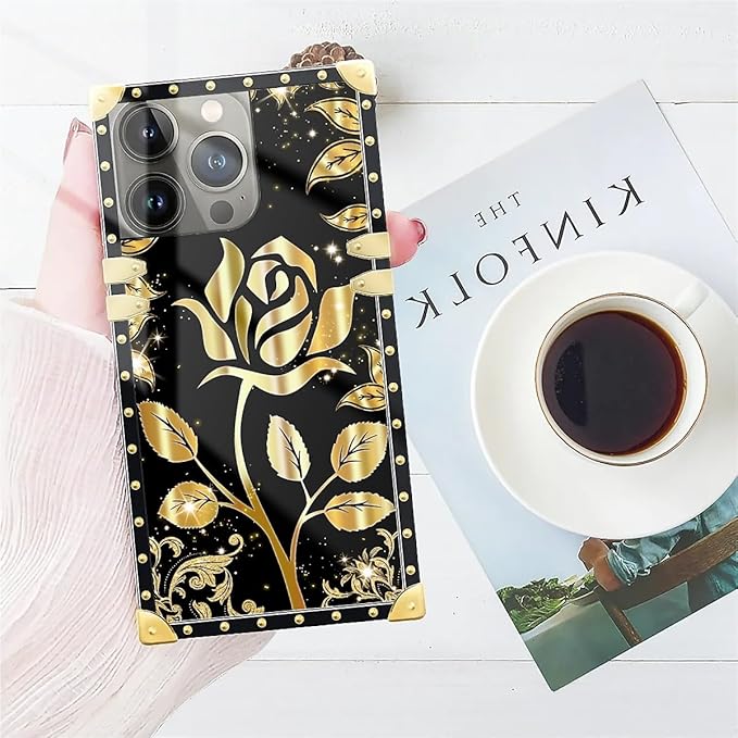 Compatible with iPhone 14 Pro Max Case, Shine Gold Rose Luxury Golden Decoration for Girl Women Soft TPU Shockproof Protective Hard PC Back for iPhone 14 Pro Max