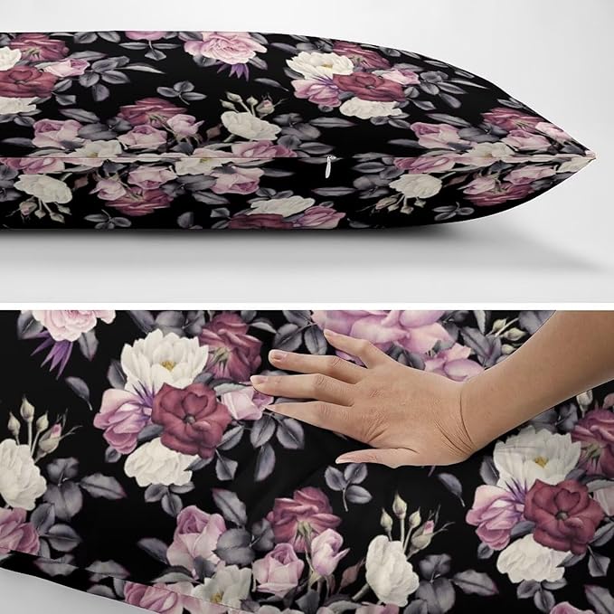 Vintage Floral Throw Pillow Covers Set of 2 Queen Size Pink Rose Peony Flower Blossom Black Pillow Cushion Cases Standard Pillow Cases Decorative Pillowcase 20X30 Inch for Sofa Bed