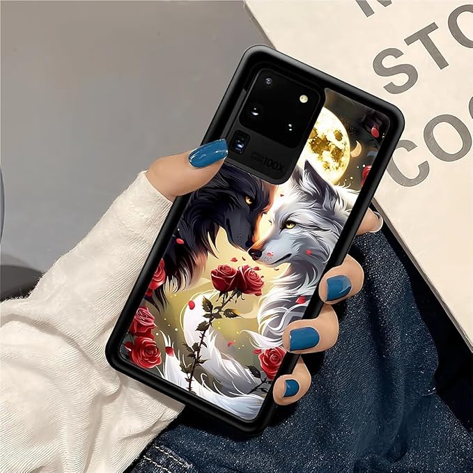 for Samsung Galaxy S20 Ultra Case, Black White Wolf Moon Flower Rose Pattern Graphic Design Girl Boy Soft Silicone Hard Acrylic Shock Protection for Samsung Galaxy S20 Ultra