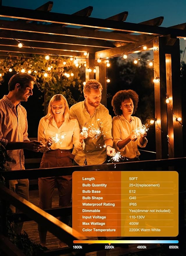 Brightown Outdoor String Lights, 55FT 25 G40 Bulbs Shatterproof IP65 Patio Lights, Hanging Connectable Waterproof Dimmable Globe LED Outdoor Lights for Backyard, Bistro,Deck, Balcony,Porch