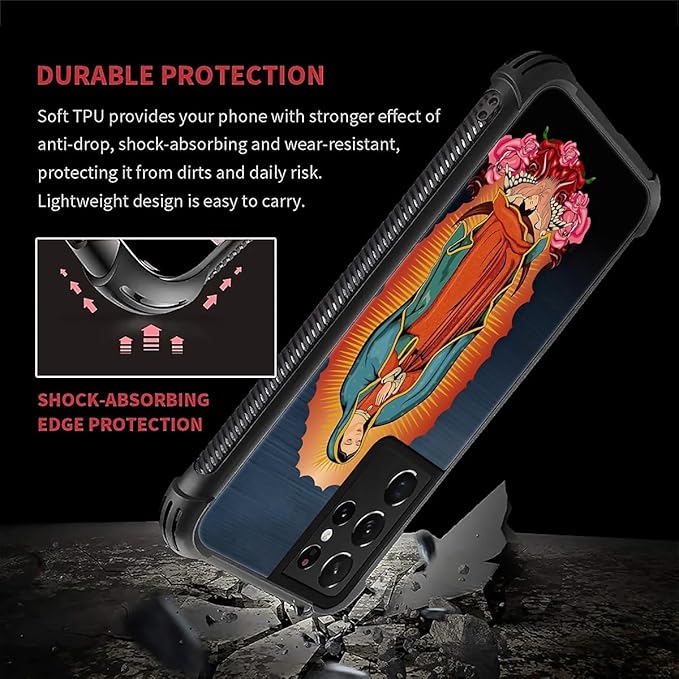 for Samsung Galaxy S21 Ultra Case, Red Virgen Guadalupe Pattern Graphic Design Girl Boy Soft Silicone Hard Acrylic Shock Protection for Samsung Galaxy S21 Ultra