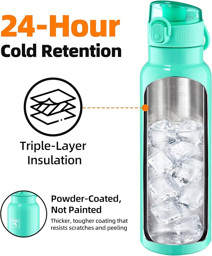 Fanhaw Daylite Series 24 oz Stainless Steel Insulated Water Bottle with Silicone Spout Lid, Double-Wall Vacuum Leakproof Metal Bottle, Anniversary Birthday Gift for Kids, Women & Men (Bianchi Green)