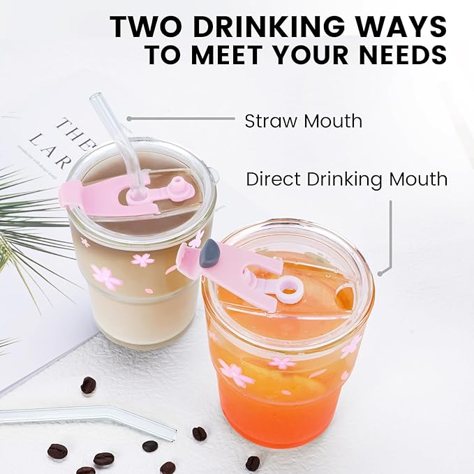 Iced Coffee Cup, 15Oz/450ml Glass Cups With Lids And Straws, Iced Coffee Glasses Tumbler, Thick Wall Mug For Tea Water With Glass Straw, Coffee Cute Tumbler Gifts (Pink)