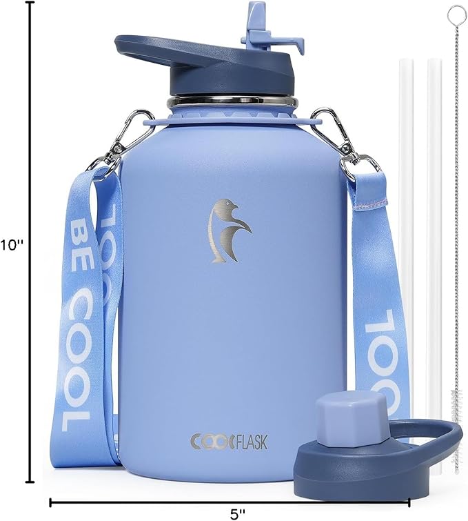 Coolflask 64 oz Water Bottle with Strap, Insulated Half Gallon Large Water Jug with Straw & Spout Lids, Stainless Steel Metal Flask, Keep Cold 48h Hot 24h, Leak Proof & Non-BPA, Dutch Blue