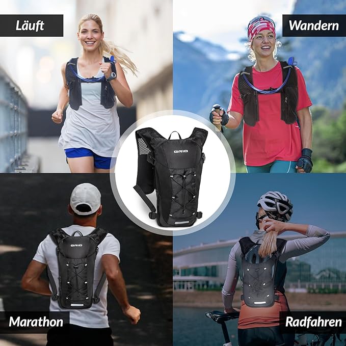 GRIO Hydration Running Vest for Women Men, Water Backpack for Hiking ,with 1.5L Water Bladder, Lightweight Breathable Reflective Hydration Pack for Marathon, Trail, Hiking, Cycling