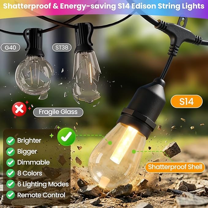 Larkvue 96FT(2X48FT) RGBW Outdoor String Lights with Remote, Patio Lights with 30+3 Vintage S14 Dimmable Waterproof Bulbs for Xmas Bistro Cafe Outside
