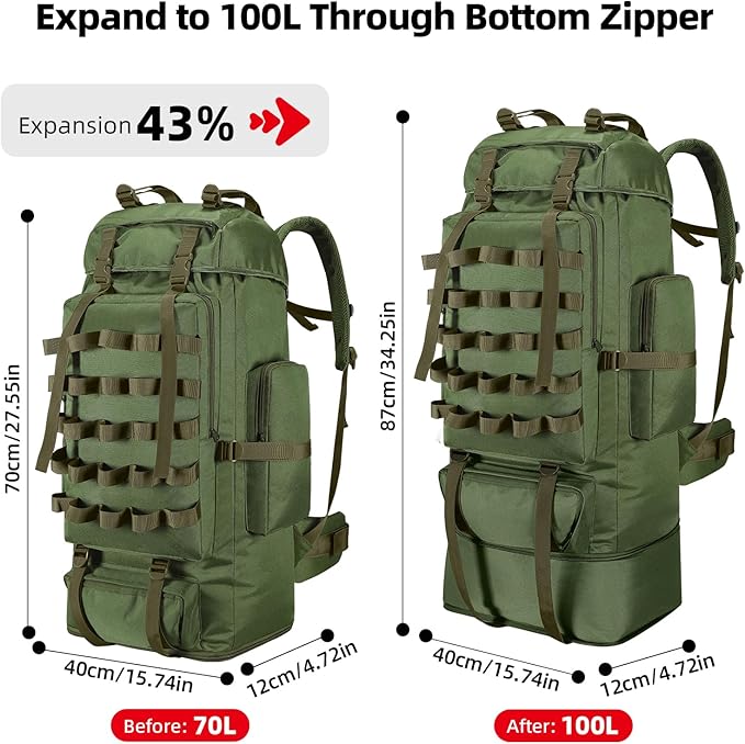70L/100L Camping Hiking Backpack with Rain Cover, Expandable Large Military Tactical Backpack, Waterproof Molle Racksack Travel Backpacking Daypack for Climbing Trekking (Green)