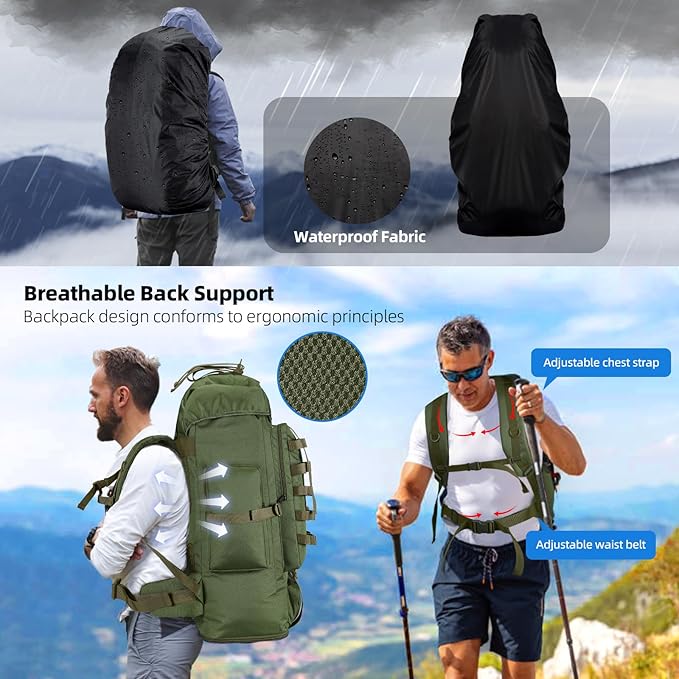 70L/100L Camping Hiking Backpack with Rain Cover, Expandable Large Military Tactical Backpack, Waterproof Molle Racksack Travel Backpacking Daypack for Climbing Trekking (Green)