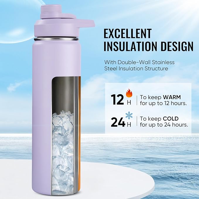 Fijinhom 24 oz Insulated Water Bottle with Handle, 304 Stainless Steel Water Bottles with Wide Mouth, Double Wall Vacuum Sports Water Bottle, BPA Free, Keep Cold and Hot, Purple