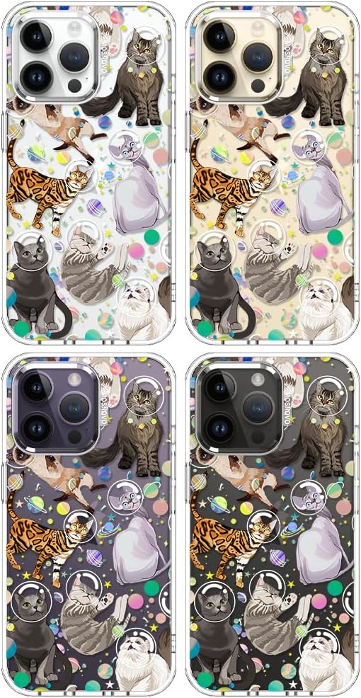 MOSNOVO Case for iPhone 14 Pro Max, [Buffertech 6.6ft Military-Grade Drop Protection] [Anti Peel Off Tech] Clear TPU Bumper Phone Case Cover Design - Space Cat