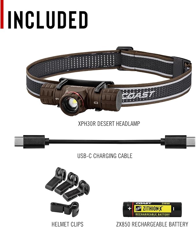 Coast XPH30R 1500 Lumen USB-C Rechargeable Dual Power Headlamp with Twist Focus Beam and Magnetic Base, 4.37 oz. - Desert/Tan