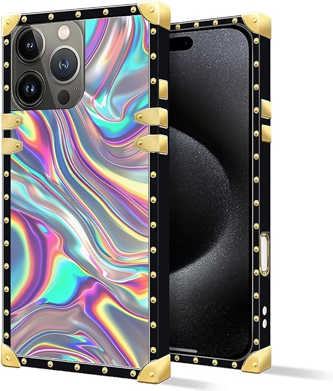 Compatible with iPhone 16 Pro Max Case, Holographic Abstract Iridescent Textures Luxury Golden Decoration for Girl Women Soft TPU Shockproof Protective Hard PC Back