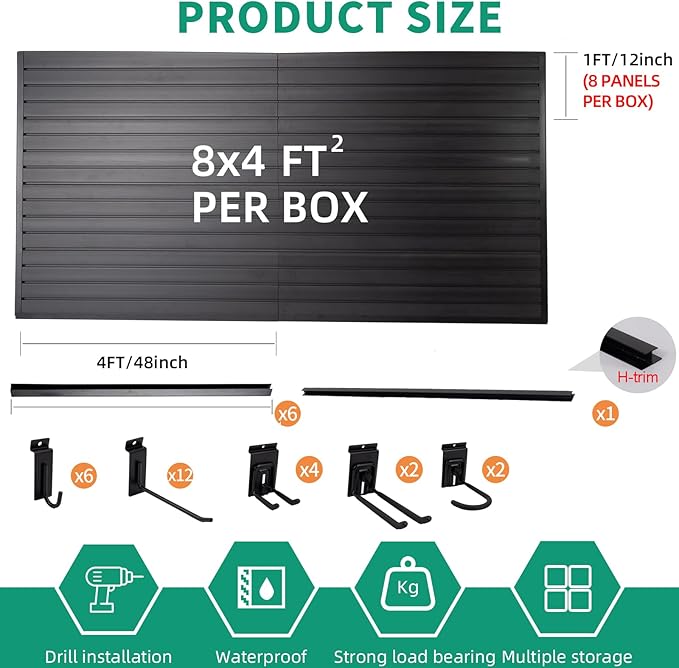 FRAYSCENT Slat Wall Paneling Garage Slat Wall Storage Systems Slatwall Panels Power Tool Organizer Wall Mount, PVC Garage Storage & Organization Products Slate Board (Black, 4ft x 8ft with 26 Hooks)