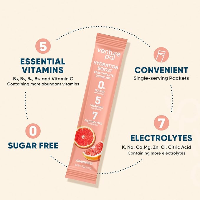 Venture Pal Sugar Free Electrolyte Powder Packets - Liquid Daily IV Hydration Packets for Rapid Rehydration | 7 Electrolytes & 5 Vitamins | Keto Friendly | Non-GMO | Vegan | Fast Dissolve | 16 Sticks