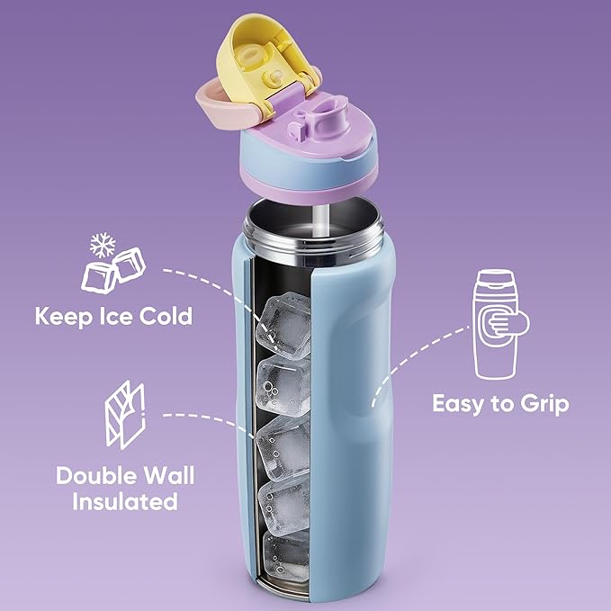 Fijinhom 24 oz Insulated Water Bottle,Stainless Steel Sports Water Bottle with Straw, Double Wall Vacuum Leak Proof, Cold for 24 Hours, BPA Free for Travel, Sport, Outdoor, Light Blue