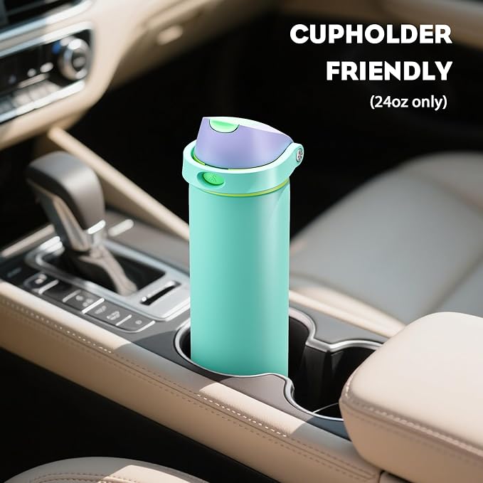 POWCAN 24 oz Insulated Water Bottle: 2-in-1 Push-Button Spout & Quick-Flip Straw, Leakproof, Cold 24Hrs, Fits Car Cup Holder, Stainless Steel Sports Water Bottle, Gift for Women, Girls (Sea Princess)