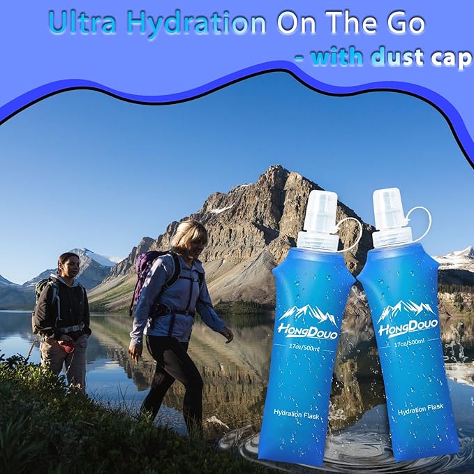 2 Packs Soft Flask, 17oz/500ml TPU Collapsible Soft Water Bottle for Hydration Pack, Running Vest, BPA-Free Folding Water Bottles for Hiking Cycling Climbing Running Outdoor Sports