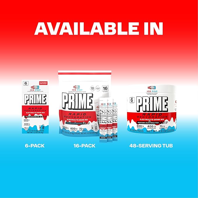 Prime Rapid Rehydration Electrolyte Powder Sticks, Ice Pop, Sugar Free Hydration Drink Mix with Sodium, Potassium, Magnesium & B Vitamins to Replenish Fluids, Caffeine Free, 16 Count