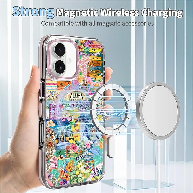 Case for iPhone 16 Plus,[Compatible with MagSafe],Hawaii Aloha Cover Coastal Beach Collage Phone Case Design，for Women Girls Magnetic Clear Cover - Slim, Sleek, & Shockproof Protection