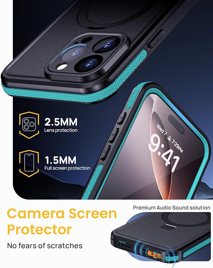 Lanhiem Magnetic for iPhone 16 Pro Max Waterproof Case, Dustproof Case Built-in Screen Protector, [Fit for MagSafe] [Invisible Stand] Shockproof Heavy Duty Underwater Case for 16 Pro Max (Light Blue)
