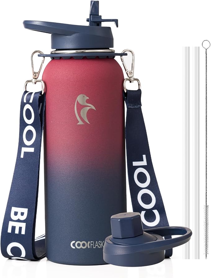 Coolflask Water Bottle with Straw, 40 oz Insulated Metal Water Flask with Straw & Spout Lids, Stainless Steel Double Wall Vacuum, Keep Cold 48h Hot 24h, Leak Proof, BPA-Free, Wine/Navy