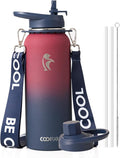 Coolflask Water Bottle with Straw, 40 oz Insulated Metal Water Flask with Straw & Spout Lids, Stainless Steel Double Wall Vacuum, Keep Cold 48h Hot 24h, Leak Proof, BPA-Free, Wine/Navy