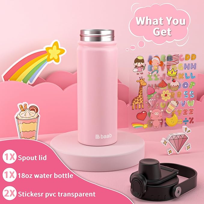 baab 18oz Kids Water Bottle, Insulated Kids Water Bottle with Lockable Spout Lid & Stickers, 18/8 Stainless Steel Vacuum Leakproof Kid Water Cup with Handle for Sports Boy Girl & School (Pink, 1 Pack)